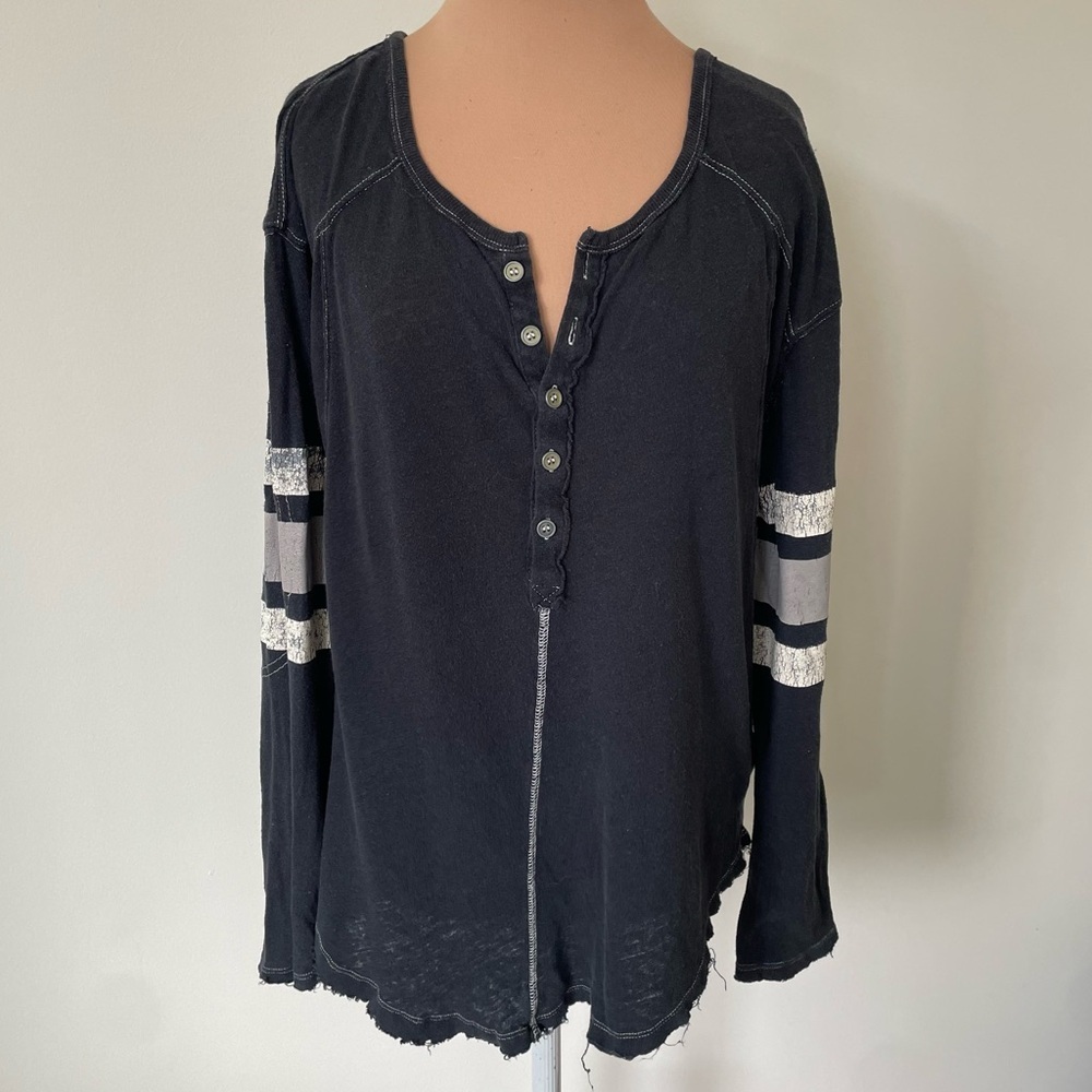 Free People Washed Black Cotton Linen Ruby Stripe Long Sleeve Henley Shirt Sz S